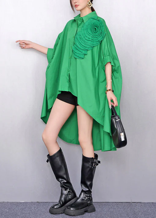 Green Floral Decorated Cotton Day Dress Low High Design Summer - Image 3
