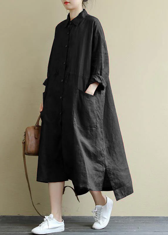 green flower Linen Shirt Dress Casual Oversize Spring Maxi Dresses - Image 13