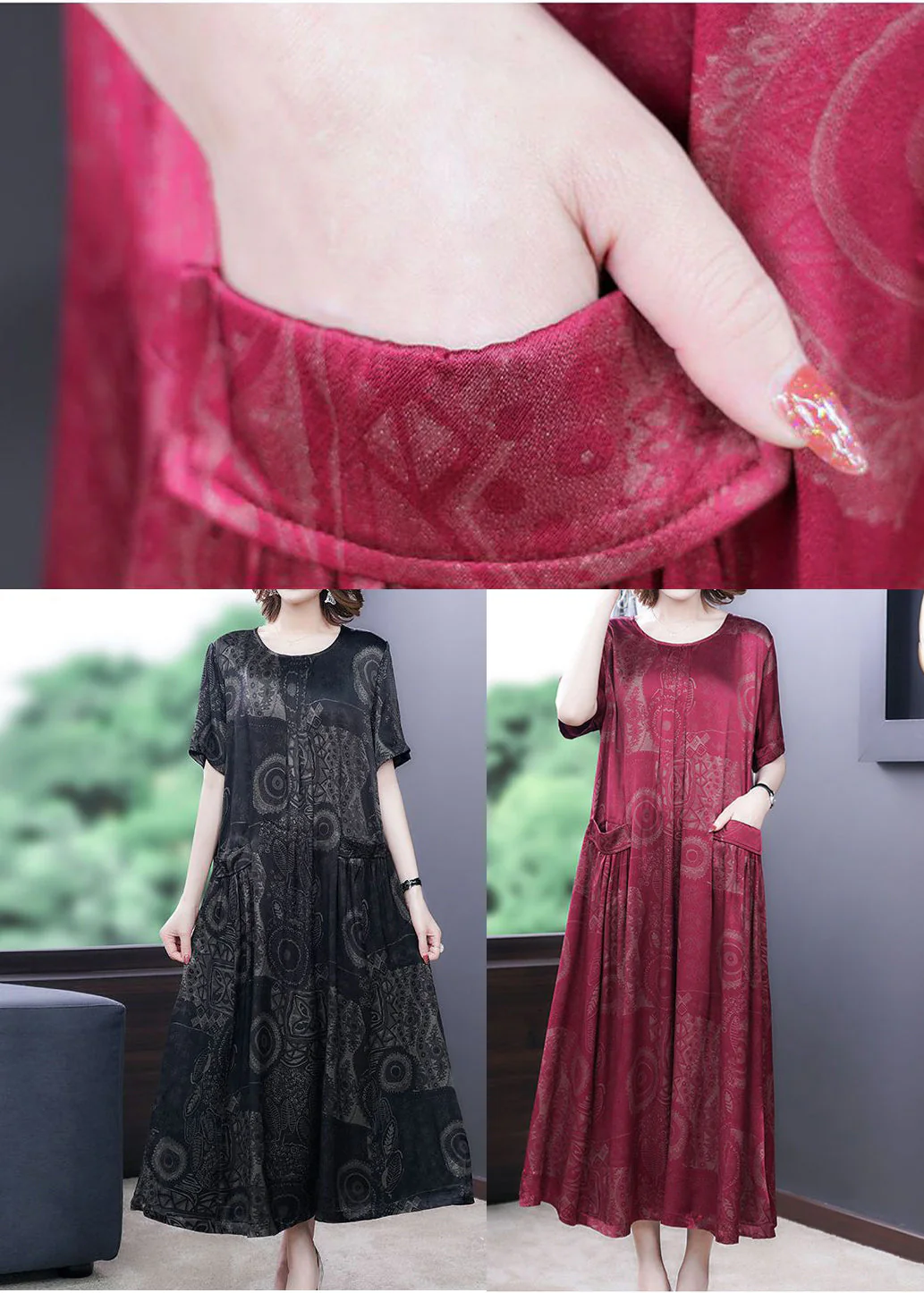 Green-Flower Print Silk Long Dress Oversized Pockets Wrinkled Summer - Image 9