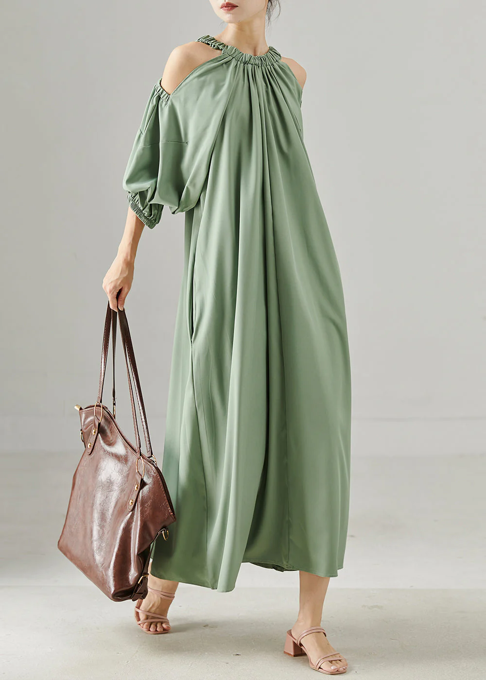 Green Grey Loose Cotton Maxi Dresses Cold Shoulder Spring - Image 2
