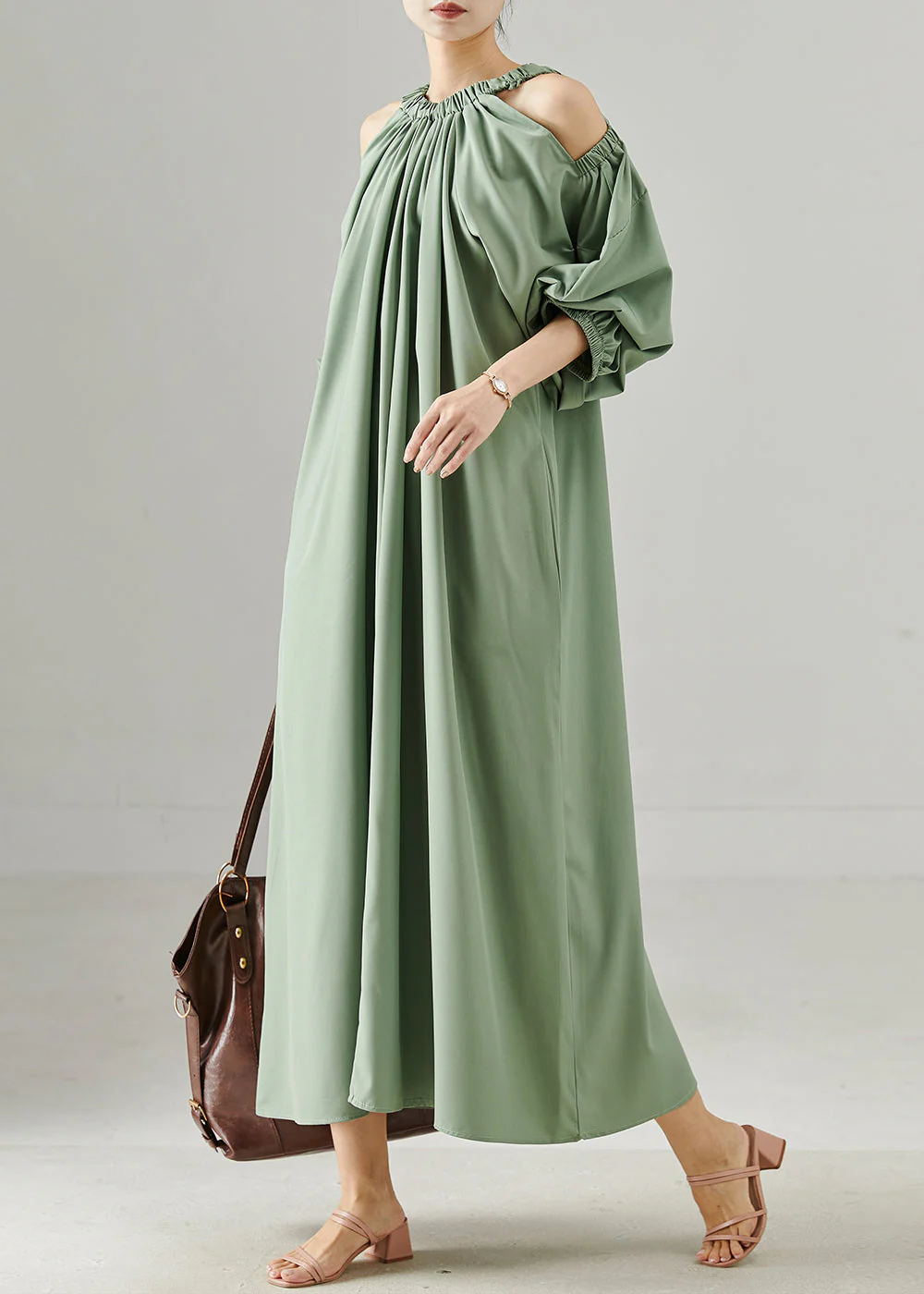 Green Grey Loose Cotton Maxi Dresses Cold Shoulder Spring - Image 3