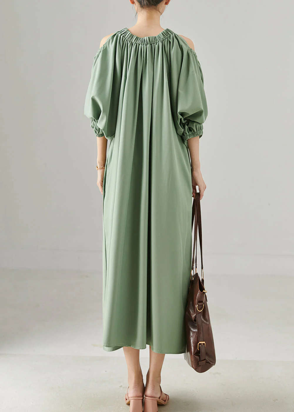 Green Grey Loose Cotton Maxi Dresses Cold Shoulder Spring - Image 4