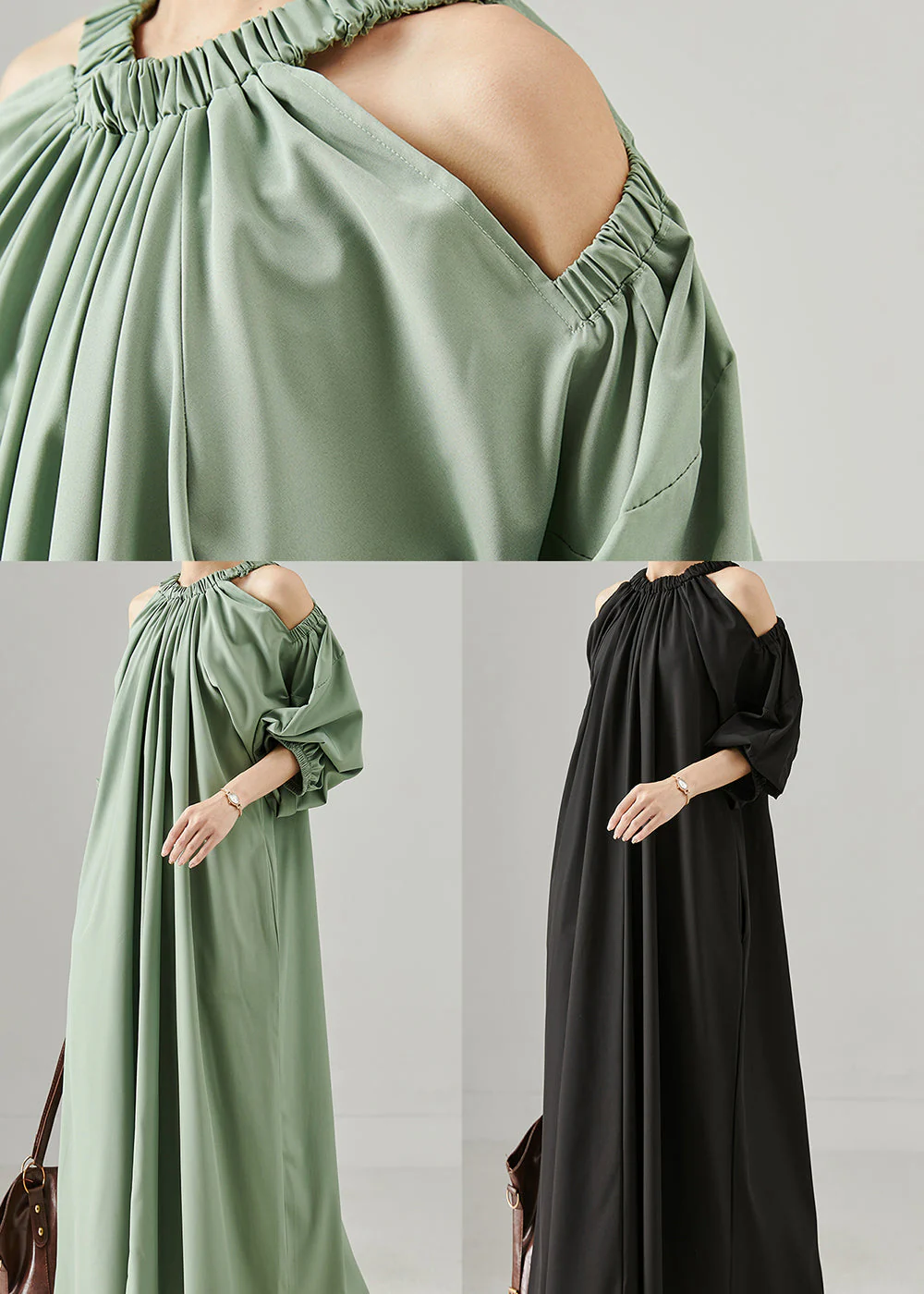 Green Grey Loose Cotton Maxi Dresses Cold Shoulder Spring - Image 5