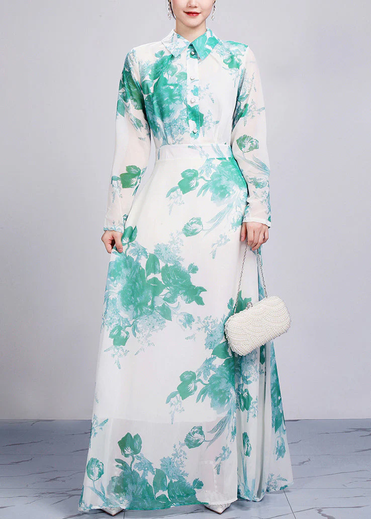 Green High Waist Chiffon Robe Dresses Peter Pan Collar Fall - Image 2