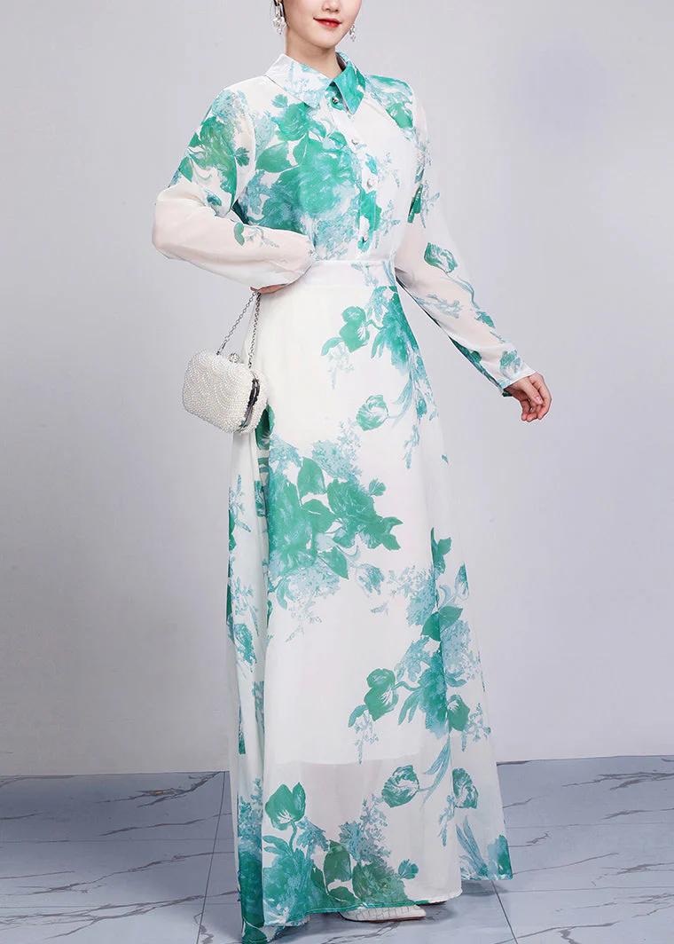 Green High Waist Chiffon Robe Dresses Peter Pan Collar Fall - Image 3
