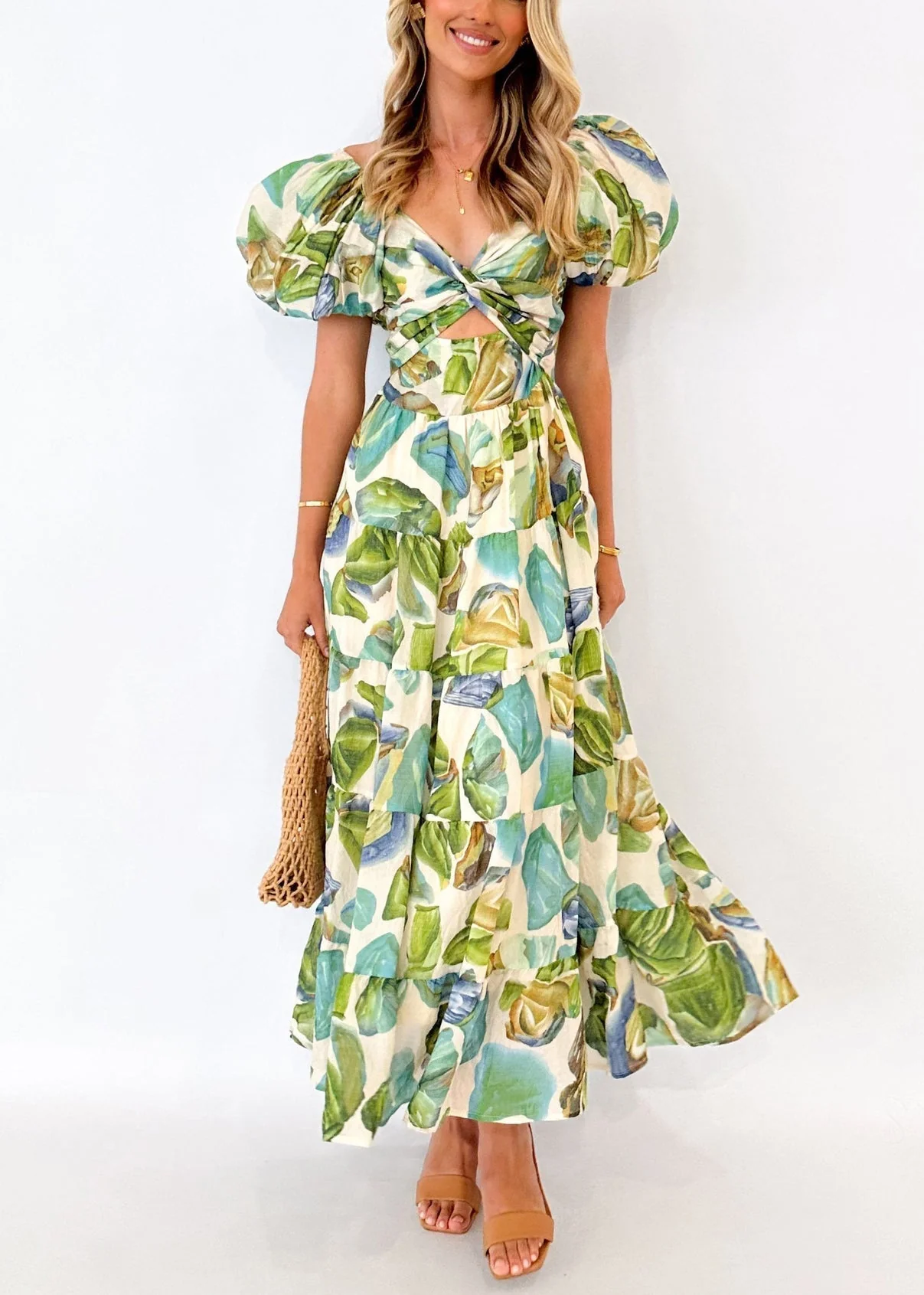 Green High Waist Cotton Dress V Neck Short Sleeve - Image 2