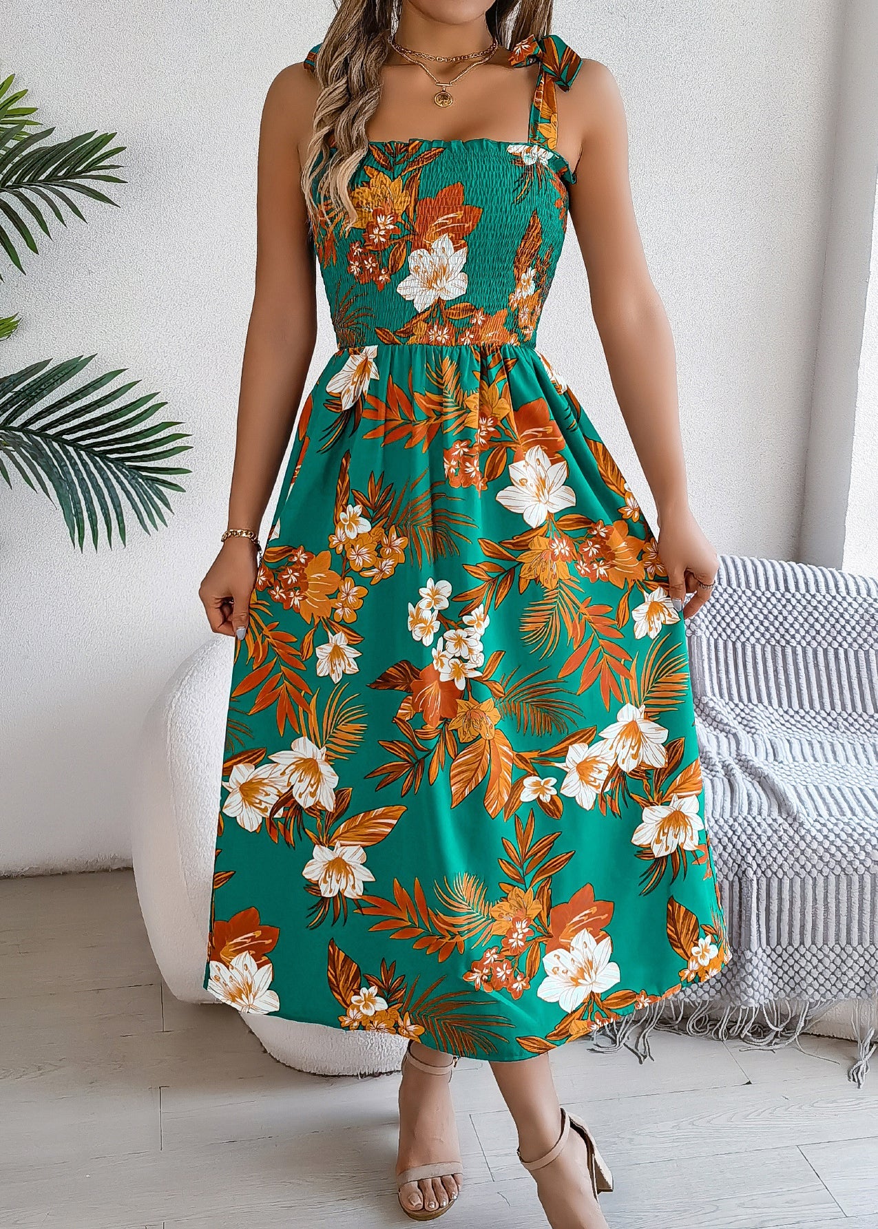 Green High Waist Cotton Spaghetti Strap Dress Cold Shoulder Sleeveless - Image 2