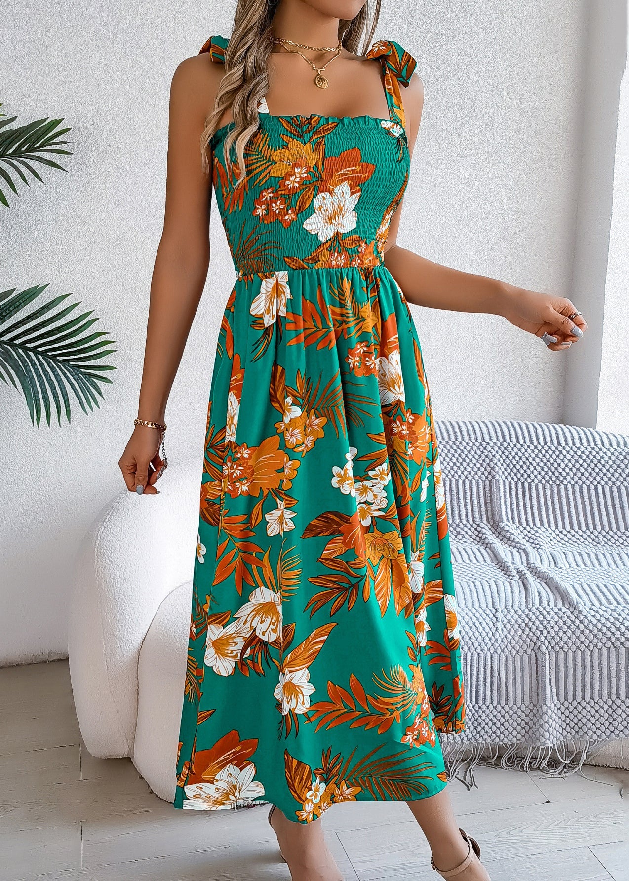 Green High Waist Cotton Spaghetti Strap Dress Cold Shoulder Sleeveless - Image 3