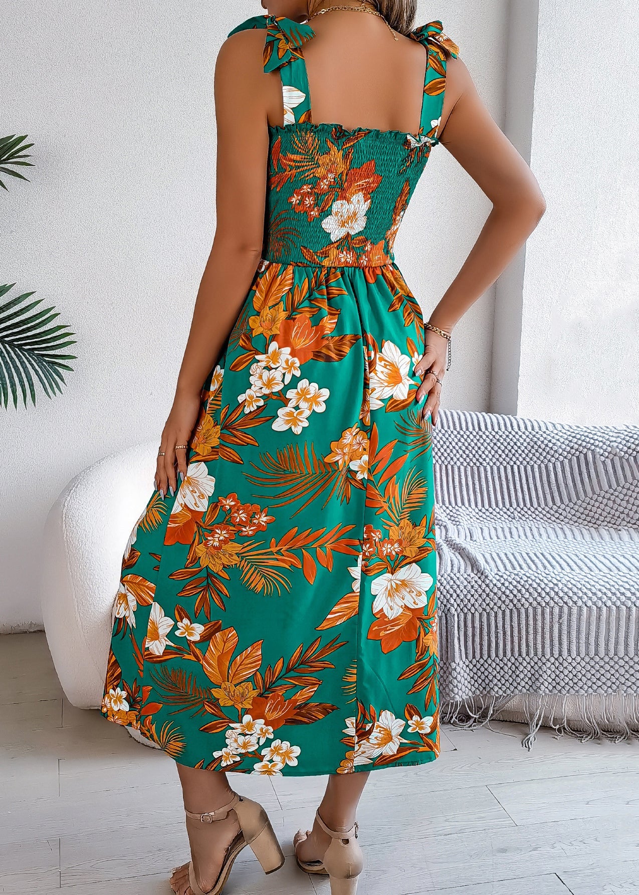 Green High Waist Cotton Spaghetti Strap Dress Cold Shoulder Sleeveless - Image 4