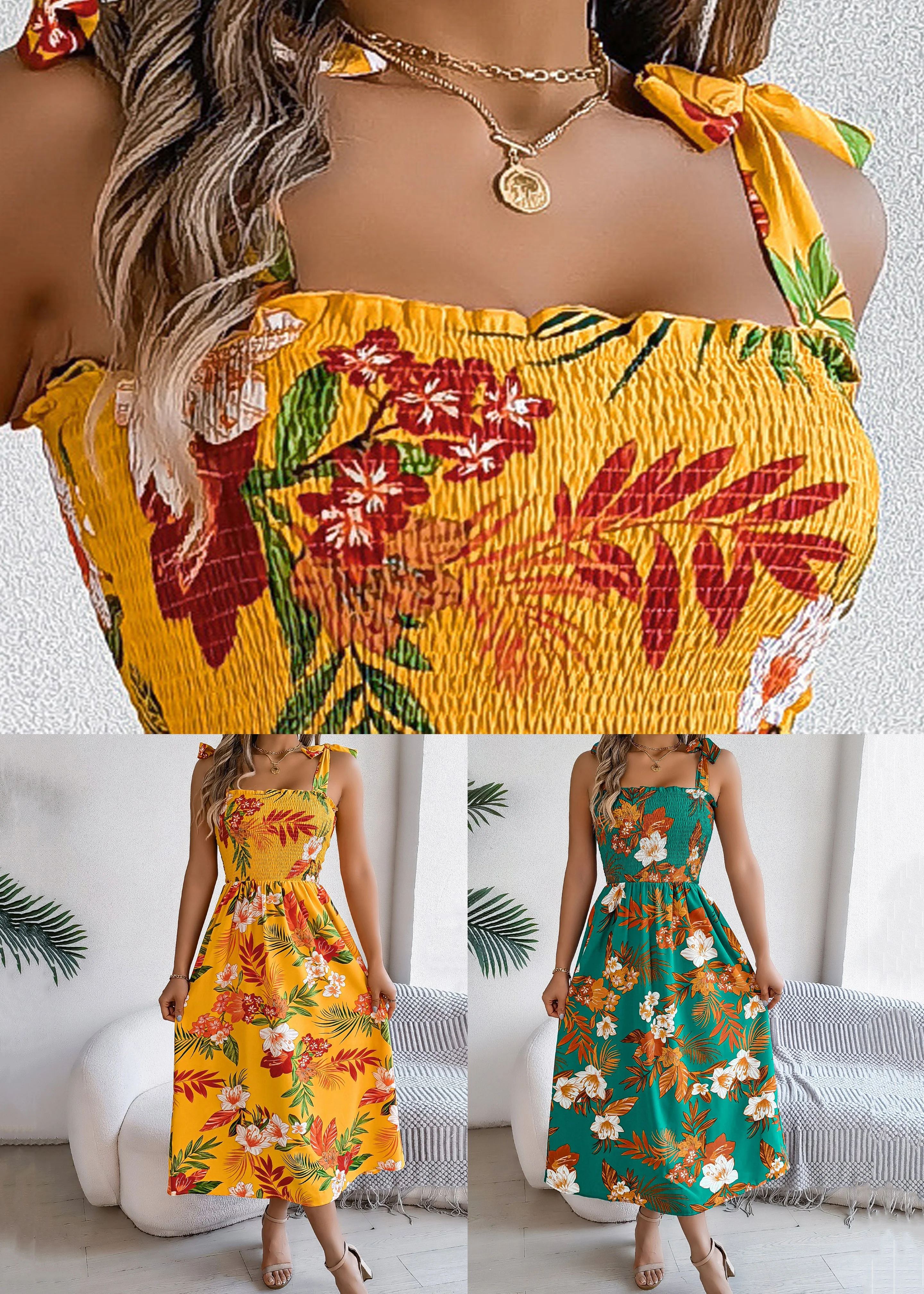 Green High Waist Cotton Spaghetti Strap Dress Cold Shoulder Sleeveless - Image 5