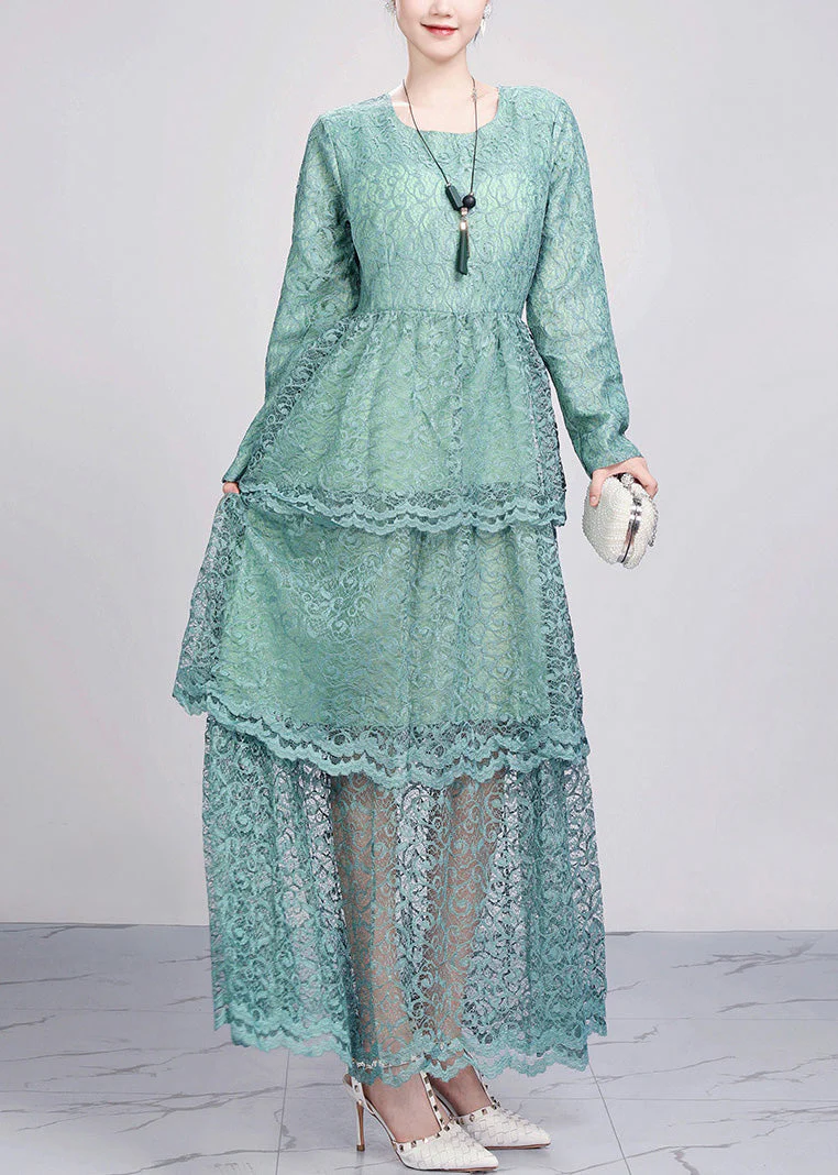 Green Hollow Out Solid Lace Dresses O Neck Fall - Image 2