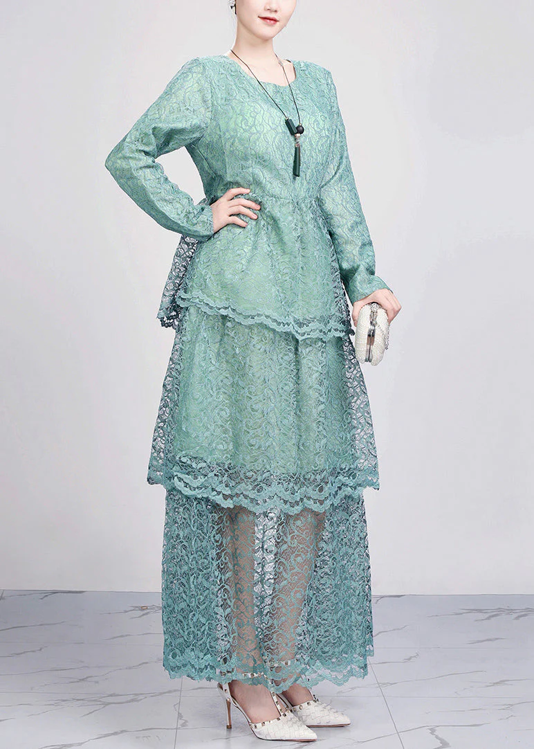 Green Hollow Out Solid Lace Dresses O Neck Fall - Image 3
