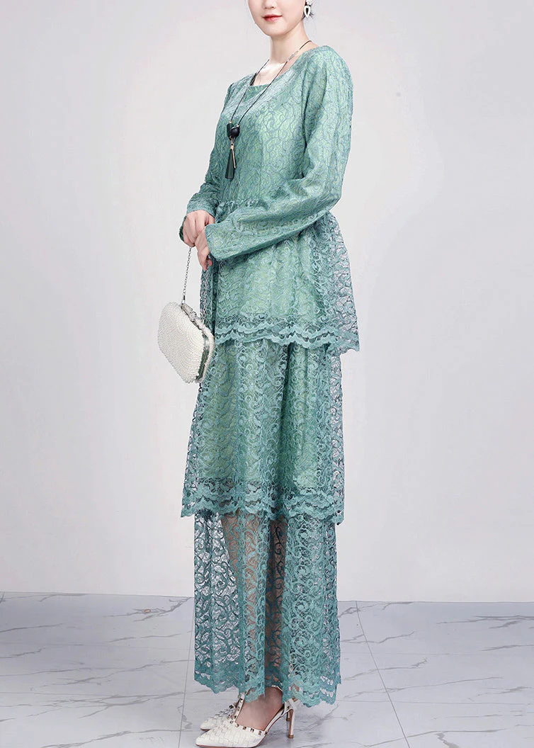 Green Hollow Out Solid Lace Dresses O Neck Fall - Image 4