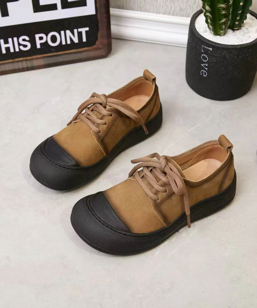 Green Lace Up Cowhide Leather Vintage Splicing Flat Feet Shoes - Image 3