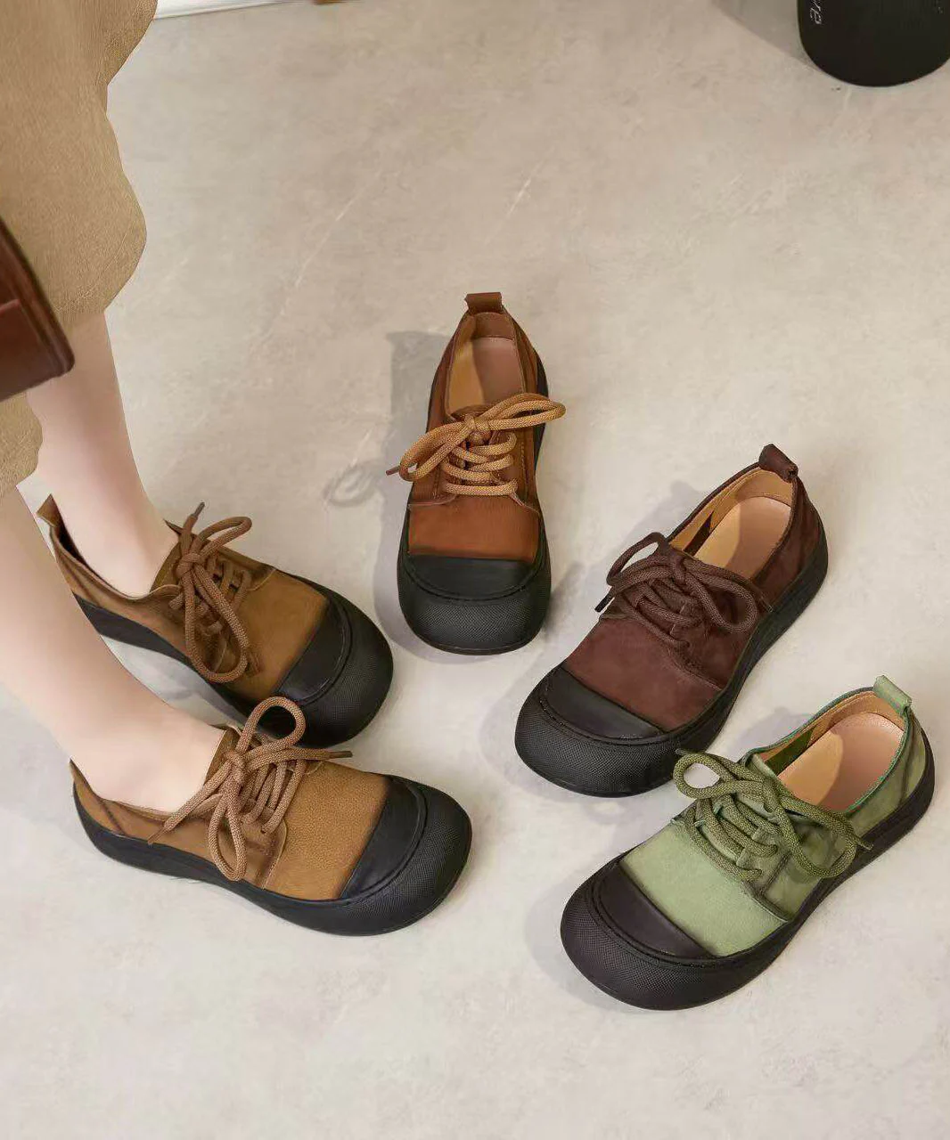Green Lace Up Cowhide Leather Vintage Splicing Flat Feet Shoes - Image 4