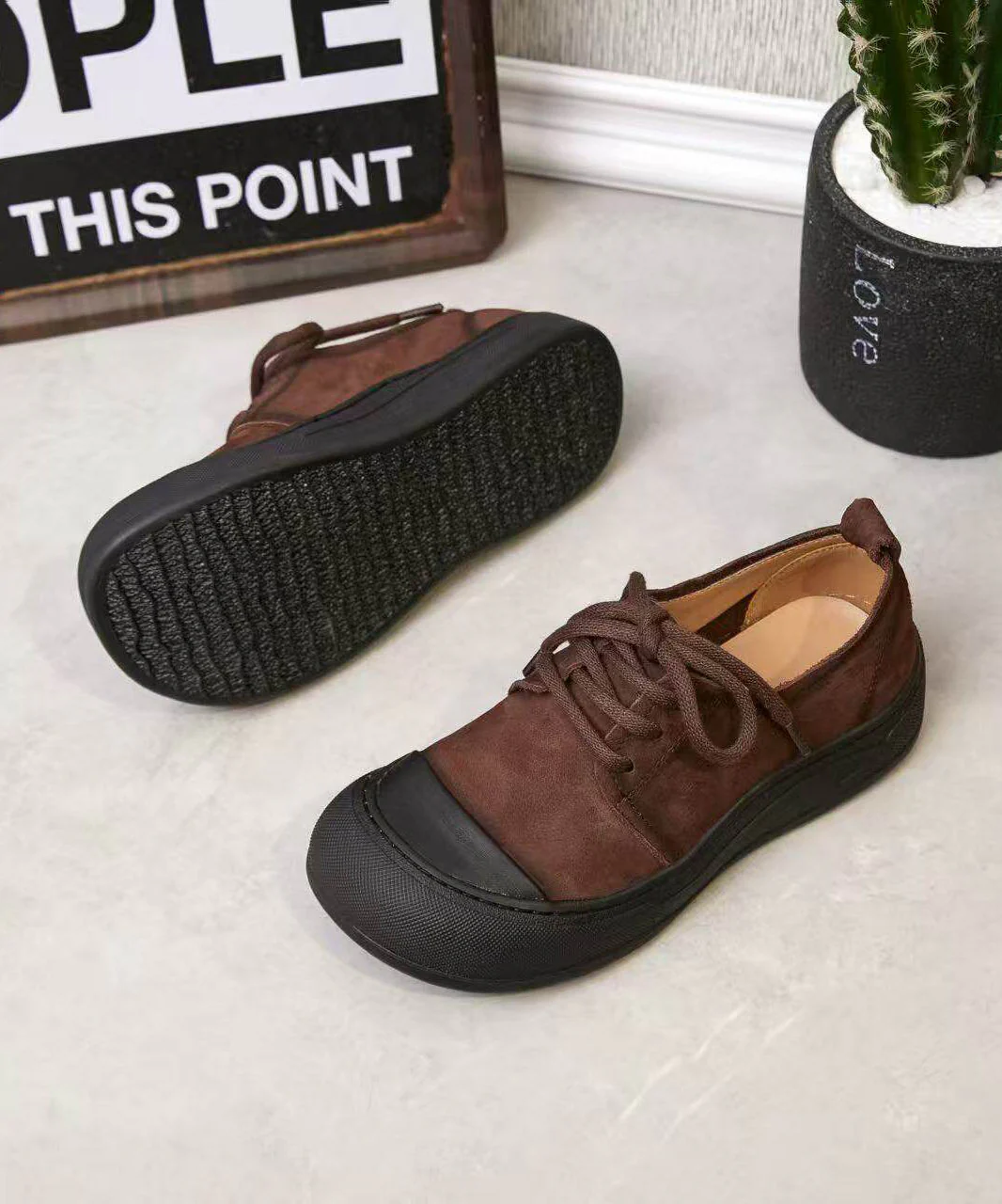 Green Lace Up Cowhide Leather Vintage Splicing Flat Feet Shoes - Image 5