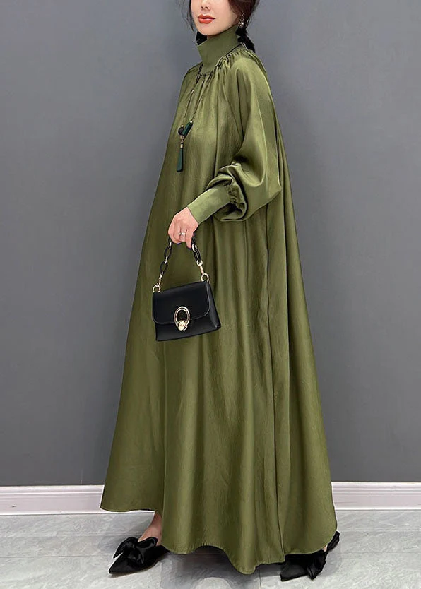 Green Loose Silk A Line Dresses High Neck Draping Spring - Image 3