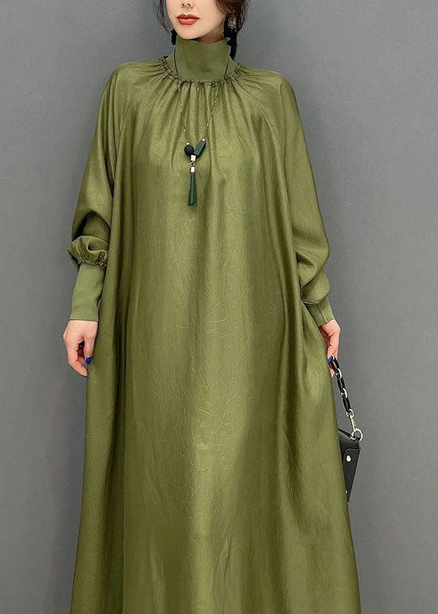 Green Loose Silk A Line Dresses High Neck Draping Spring - Image 4