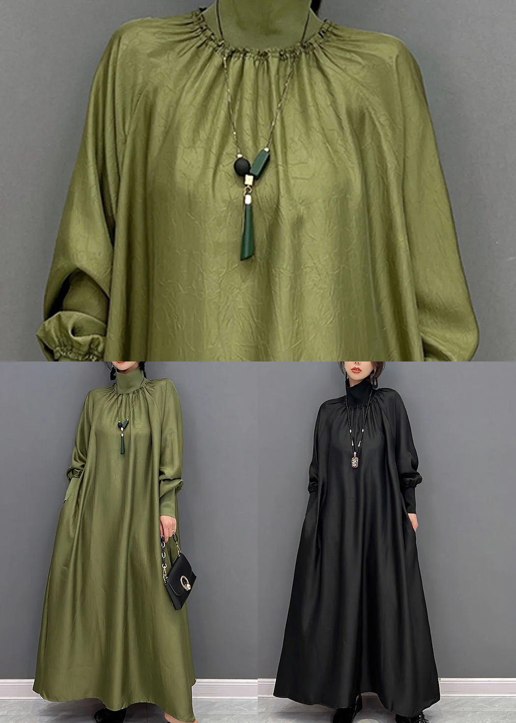 Green Loose Silk A Line Dresses High Neck Draping Spring - Image 5