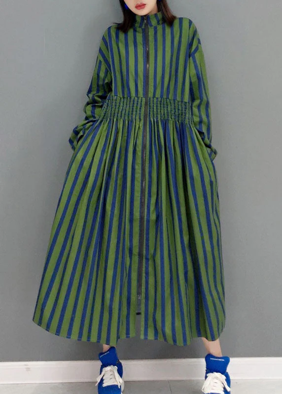 Green Maxi Dresses Stand Collar Cinched Spring - Image 2
