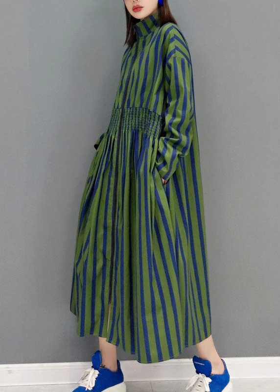 Green Maxi Dresses Stand Collar Cinched Spring - Image 3