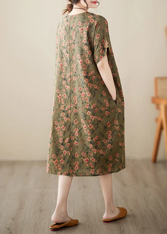 Green O-Neck Cozy Long Dress Short Sleeve - Image 4