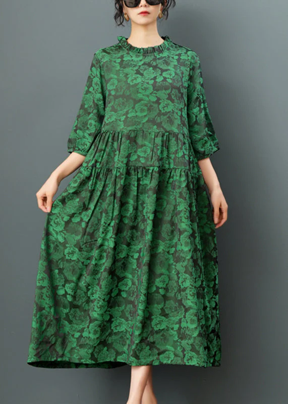 Green O-Neck Print Drawstring Maxi Dress Half Sleeve - Image 2