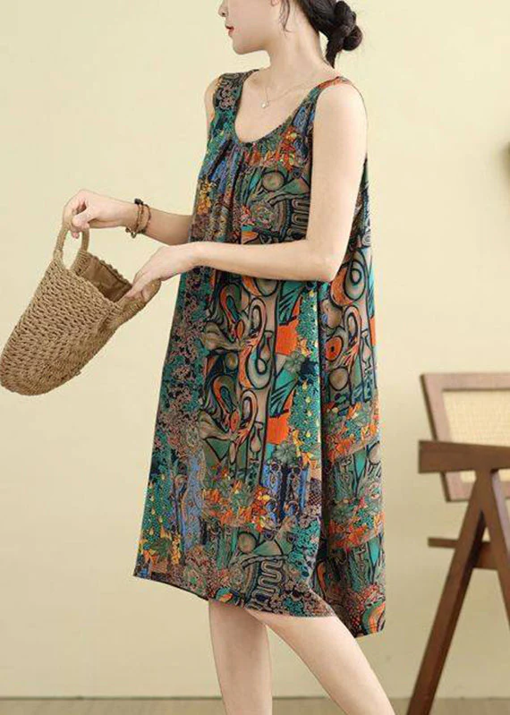 Green O-Neck Print Maxi Dresses Sleeveless - Image 3