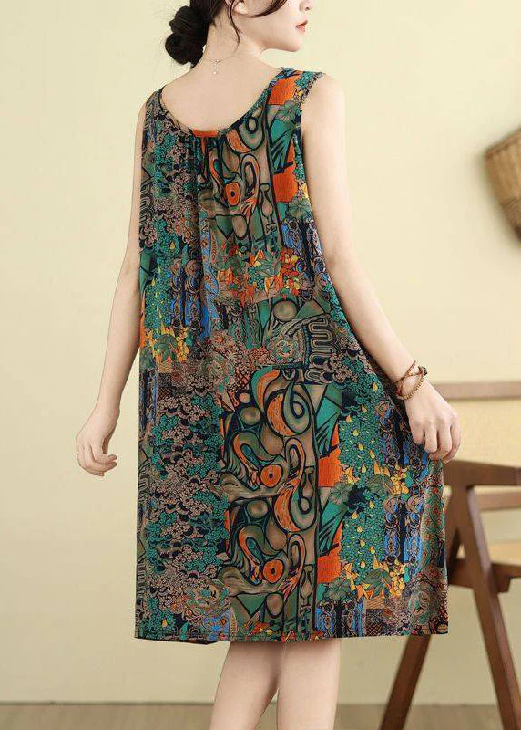 Green O-Neck Print Maxi Dresses Sleeveless - Image 4