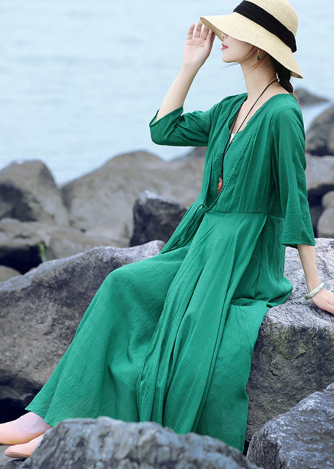 Green Original Layered Long Dress Tie Waist Three Quarter sleeve - Image 3