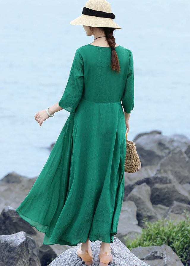 Green Original Layered Long Dress Tie Waist Three Quarter sleeve - Image 4