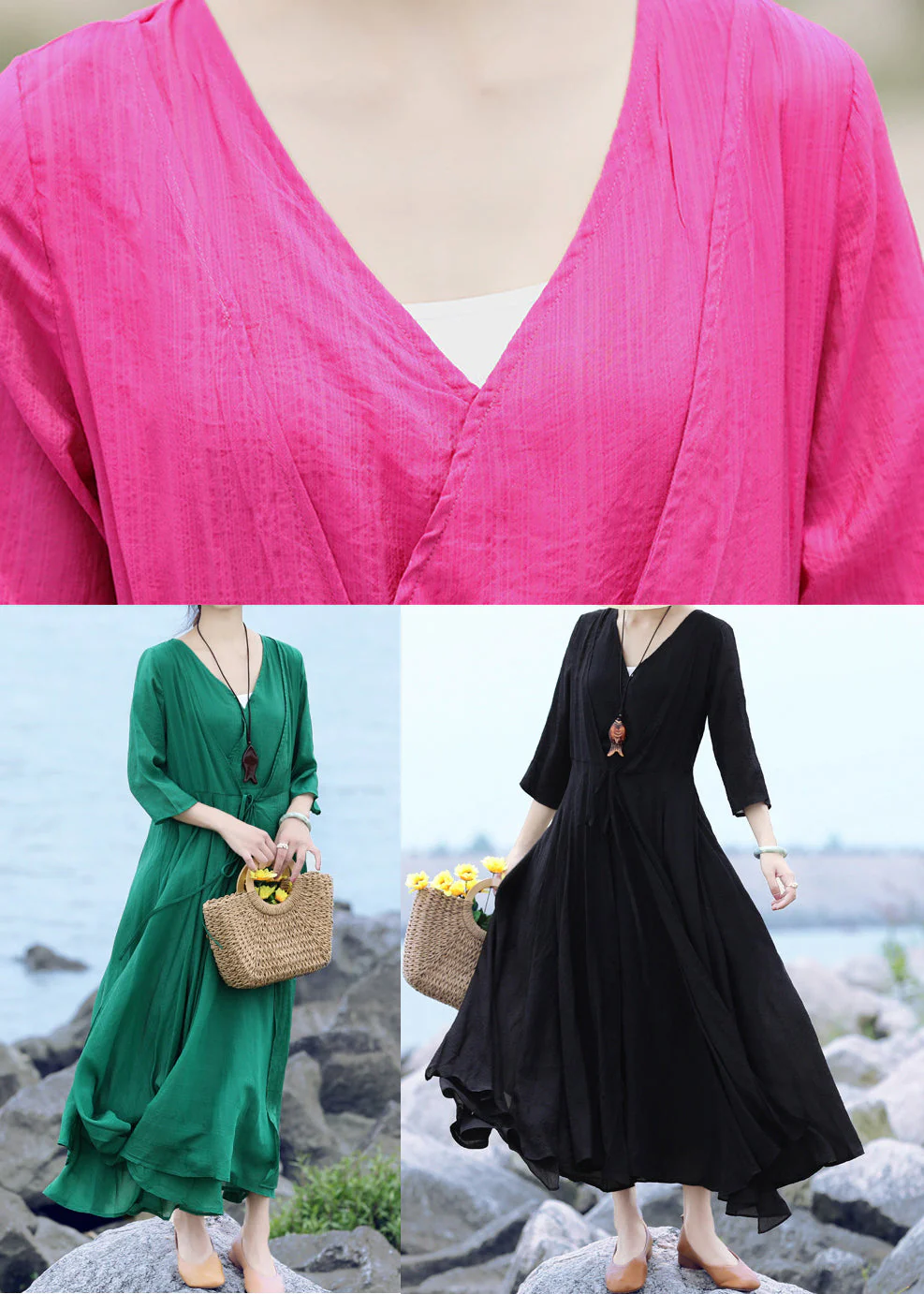 Green Original Layered Long Dress Tie Waist Three Quarter sleeve - Image 5