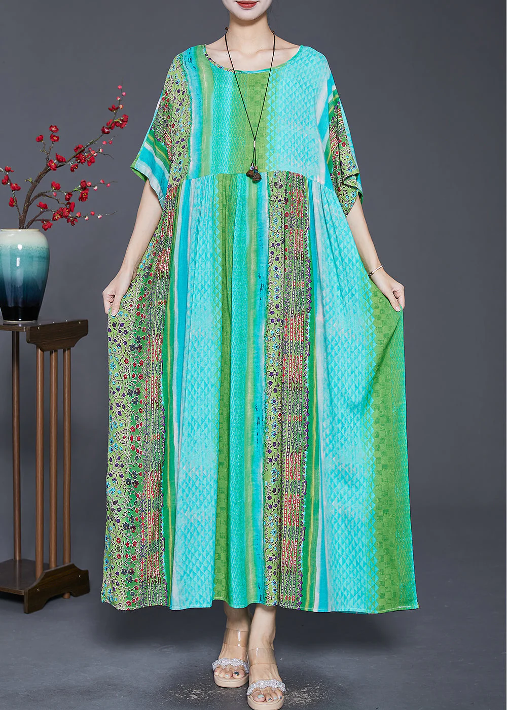 Green Oversized Cotton Beach Dress Exra Large Hem Summer - Image 3