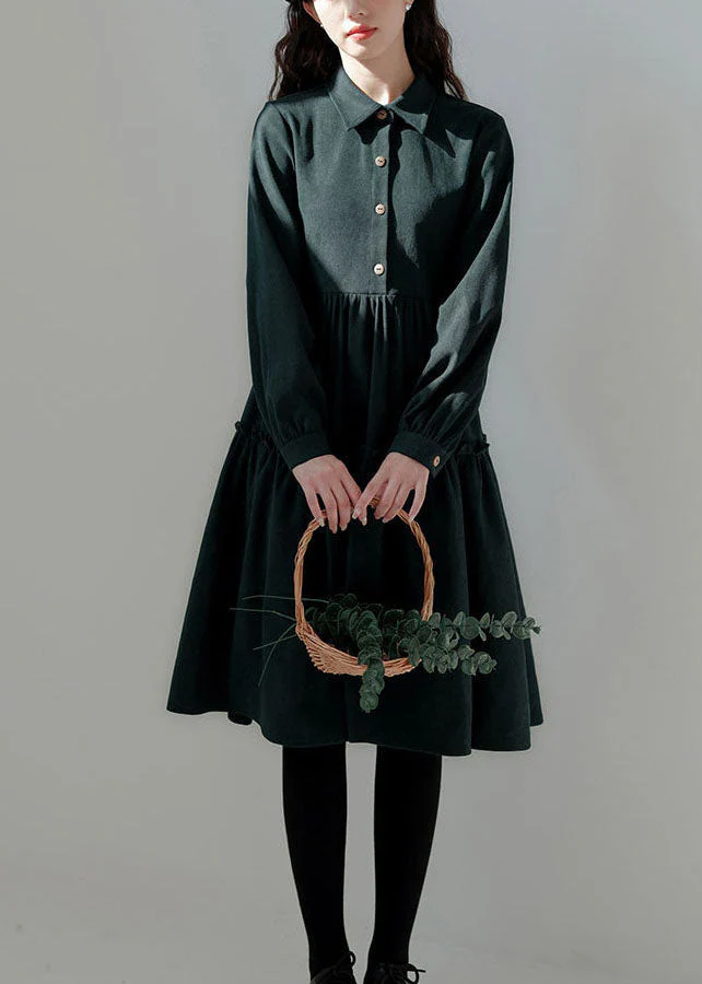 Green Patchwork Corduroy Long Dresses Ruffled Exra Large Hem Long Sleeve - Image 2