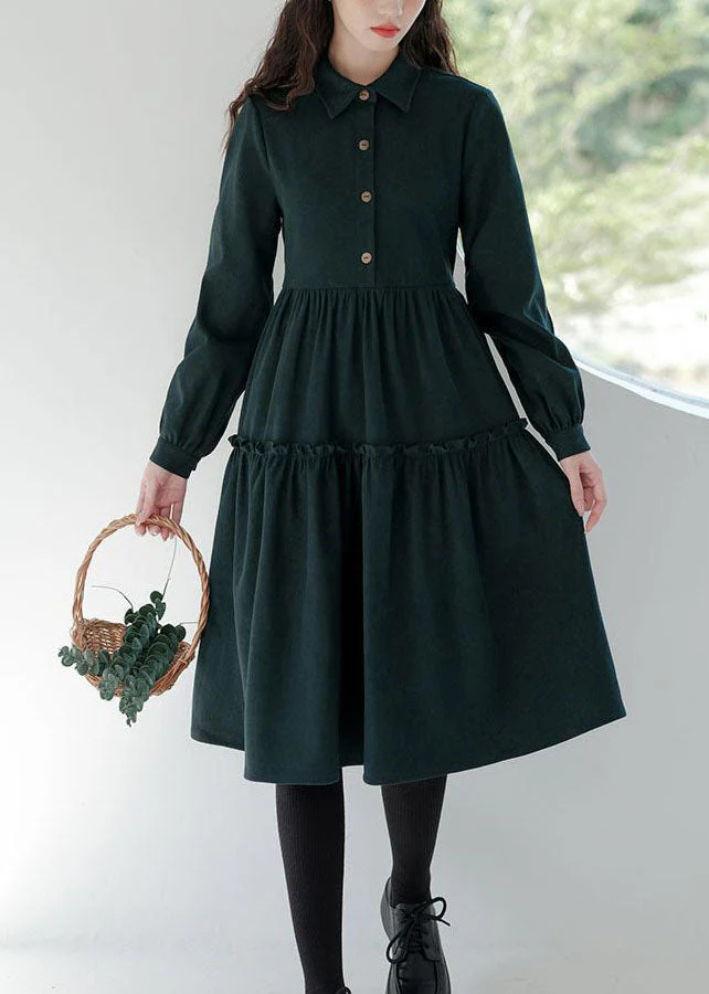 Green Patchwork Corduroy Long Dresses Ruffled Exra Large Hem Long Sleeve - Image 3
