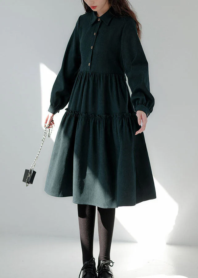 Green Patchwork Corduroy Long Dresses Ruffled Exra Large Hem Long Sleeve - Image 4