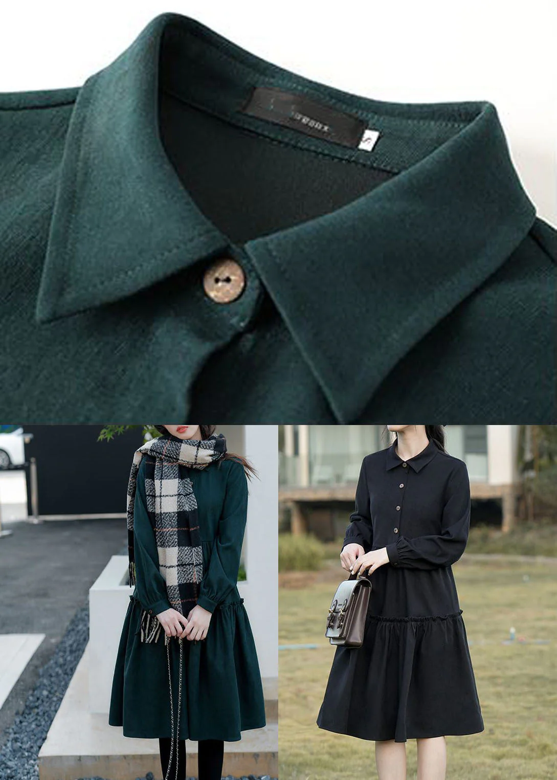 Green Patchwork Corduroy Long Dresses Ruffled Exra Large Hem Long Sleeve - Image 5