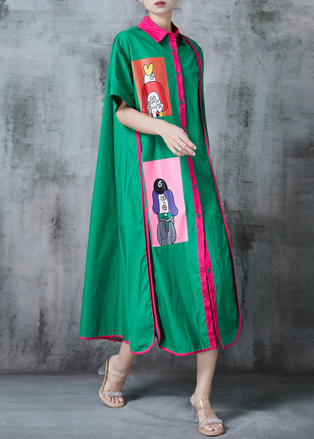 Green Patchwork Cotton A Line Dresses Applique Summer - Image 2