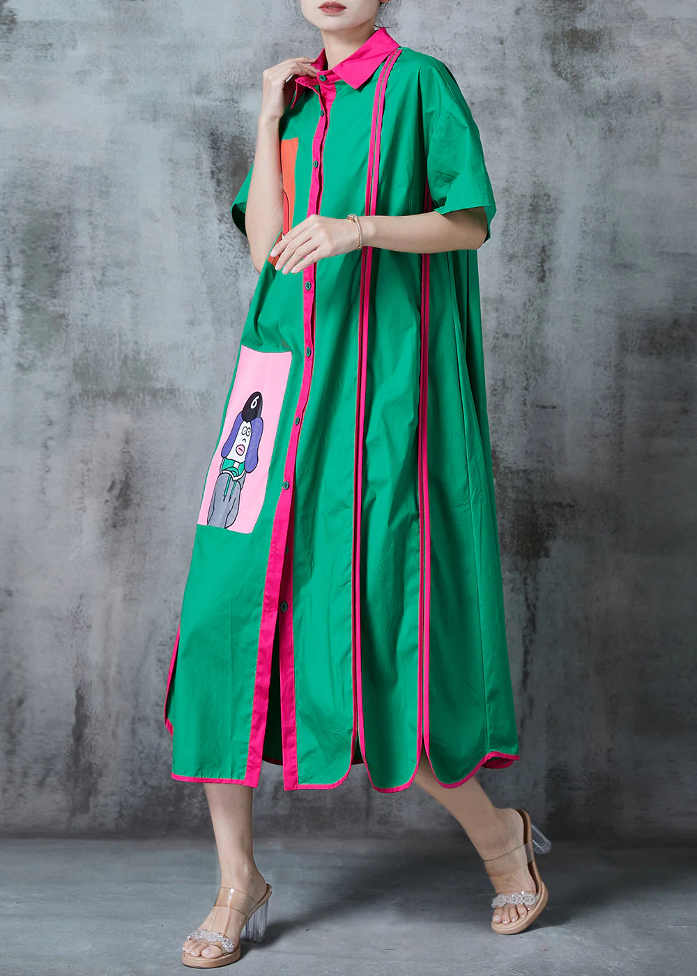 Green Patchwork Cotton A Line Dresses Applique Summer - Image 3