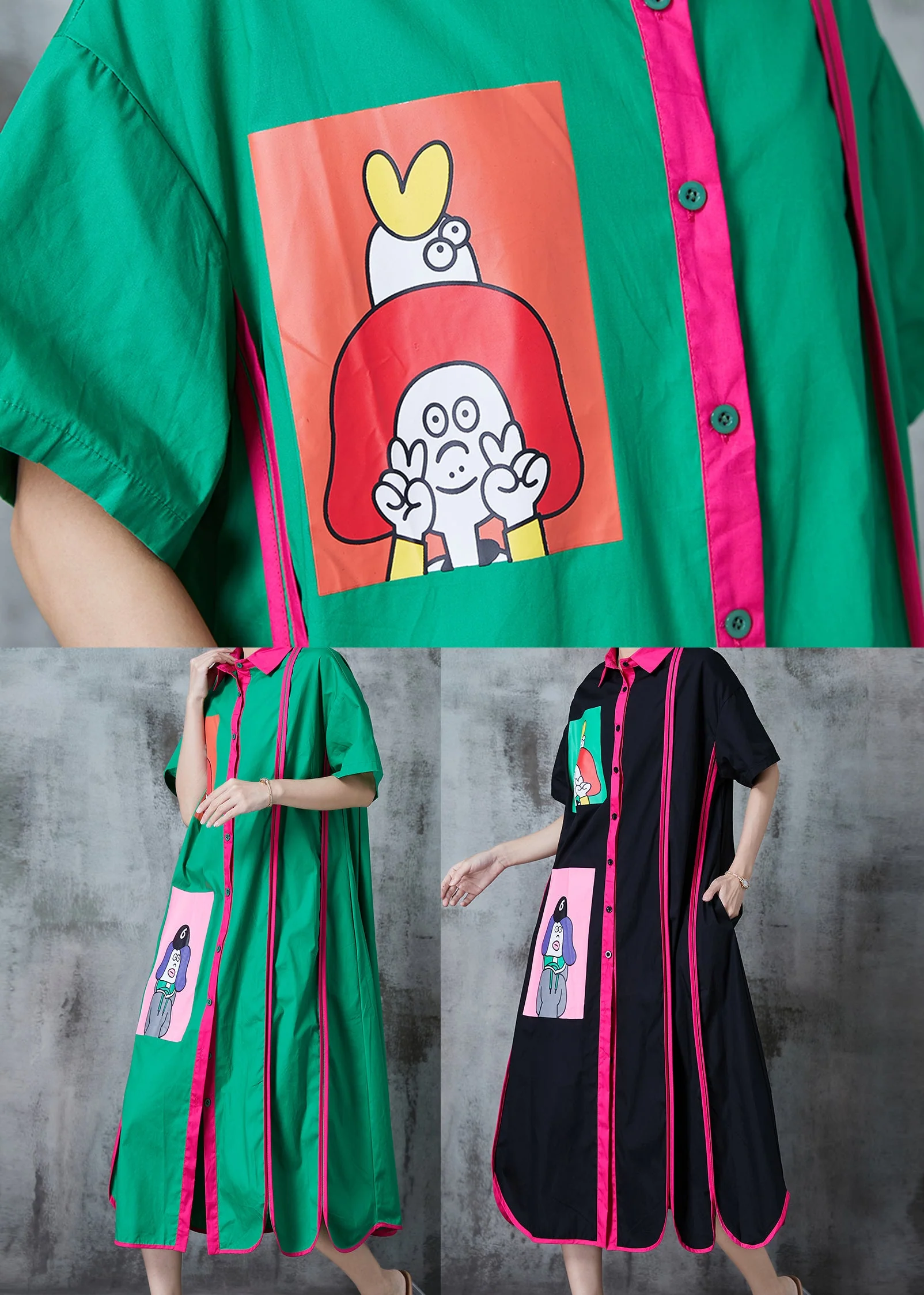 Green Patchwork Cotton A Line Dresses Applique Summer - Image 5