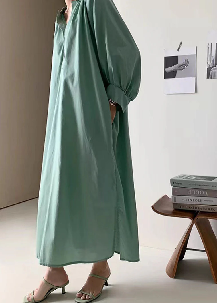 Green Patchwork Cotton Dress Wrinkled Stand Collar Long Sleeve - Image 2