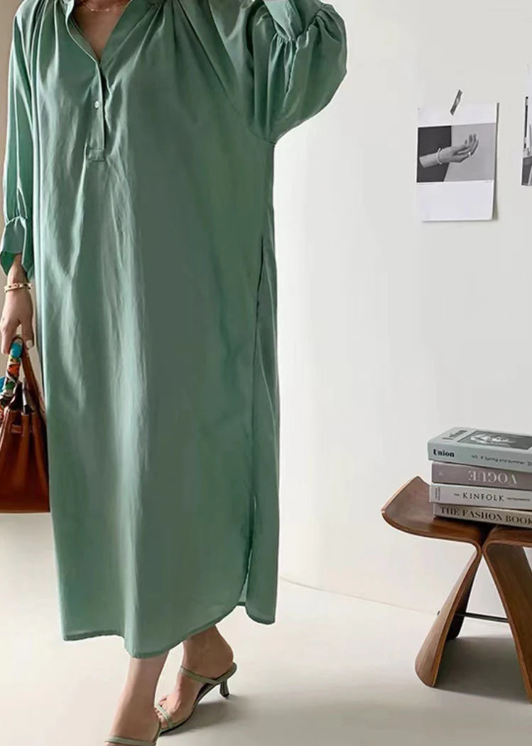 Green Patchwork Cotton Dress Wrinkled Stand Collar Long Sleeve - Image 3