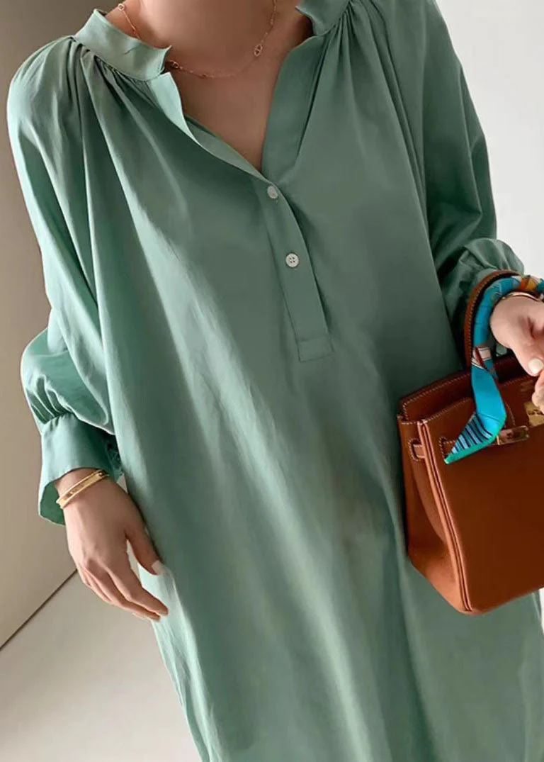 Green Patchwork Cotton Dress Wrinkled Stand Collar Long Sleeve - Image 4