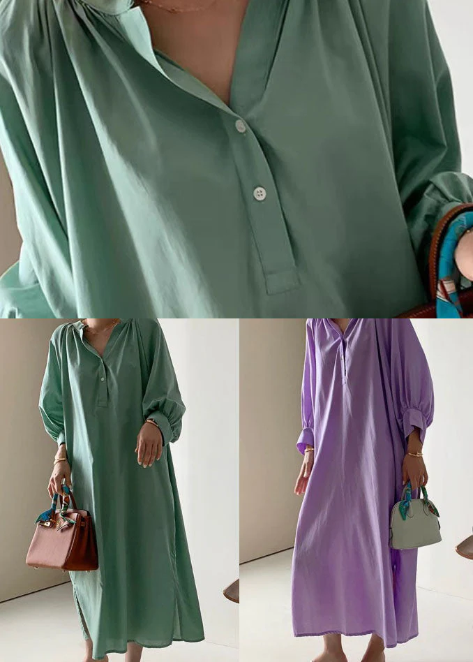Green Patchwork Cotton Dress Wrinkled Stand Collar Long Sleeve - Image 5