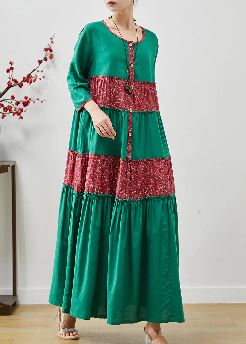 Green Patchwork Cotton Holiday Dress Oversized Summer - Image 3