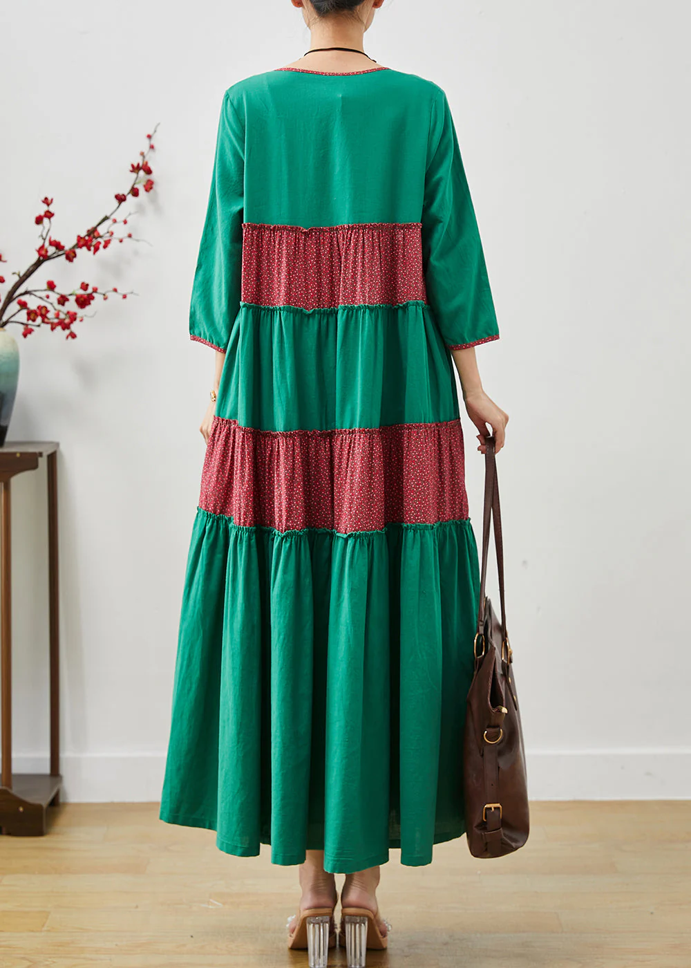 Green Patchwork Cotton Holiday Dress Oversized Summer - Image 4