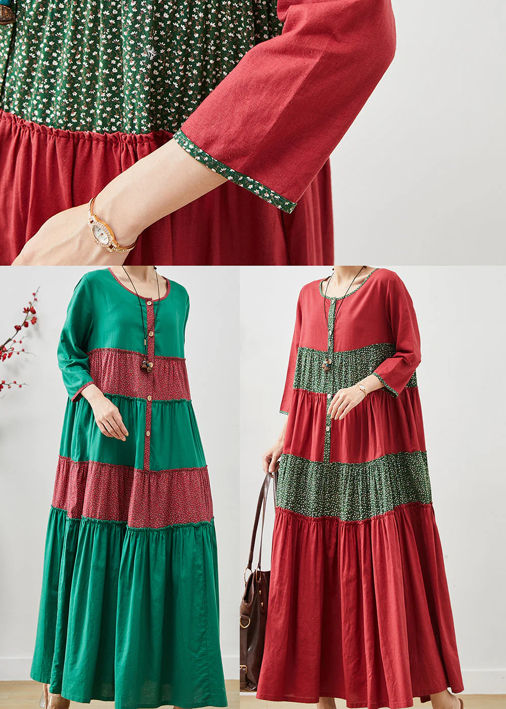 Green Patchwork Cotton Holiday Dress Oversized Summer - Image 5