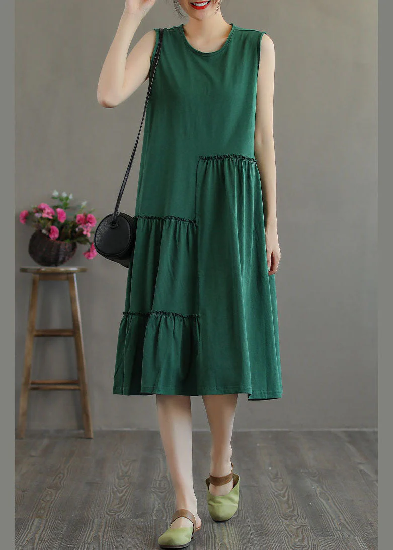 Green Patchwork Cotton Holiday Dress Wrinkled Sleeveless - Image 2