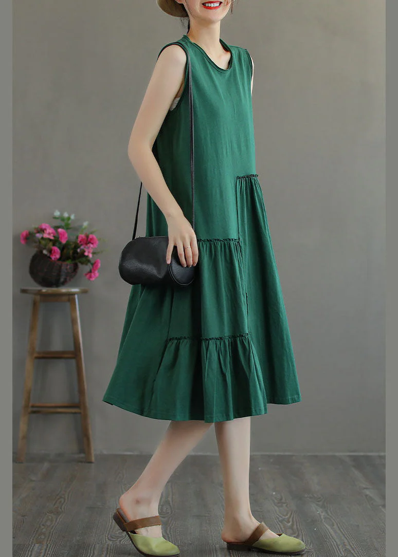 Green Patchwork Cotton Holiday Dress Wrinkled Sleeveless - Image 3