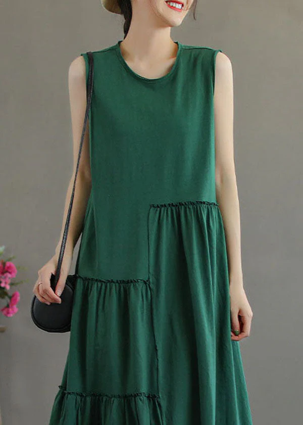 Green Patchwork Cotton Holiday Dress Wrinkled Sleeveless - Image 4